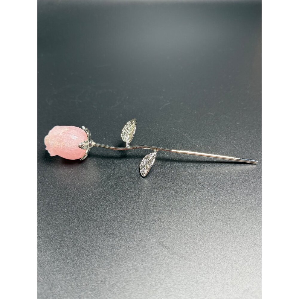 Hand Carved Rose Quartz Flower Pink Stone Healing Crystal Silver Tone Stem 6" - Picture 2 of 9